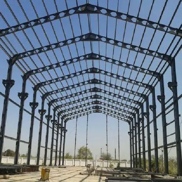 Pre-engineered steel building structure under erection